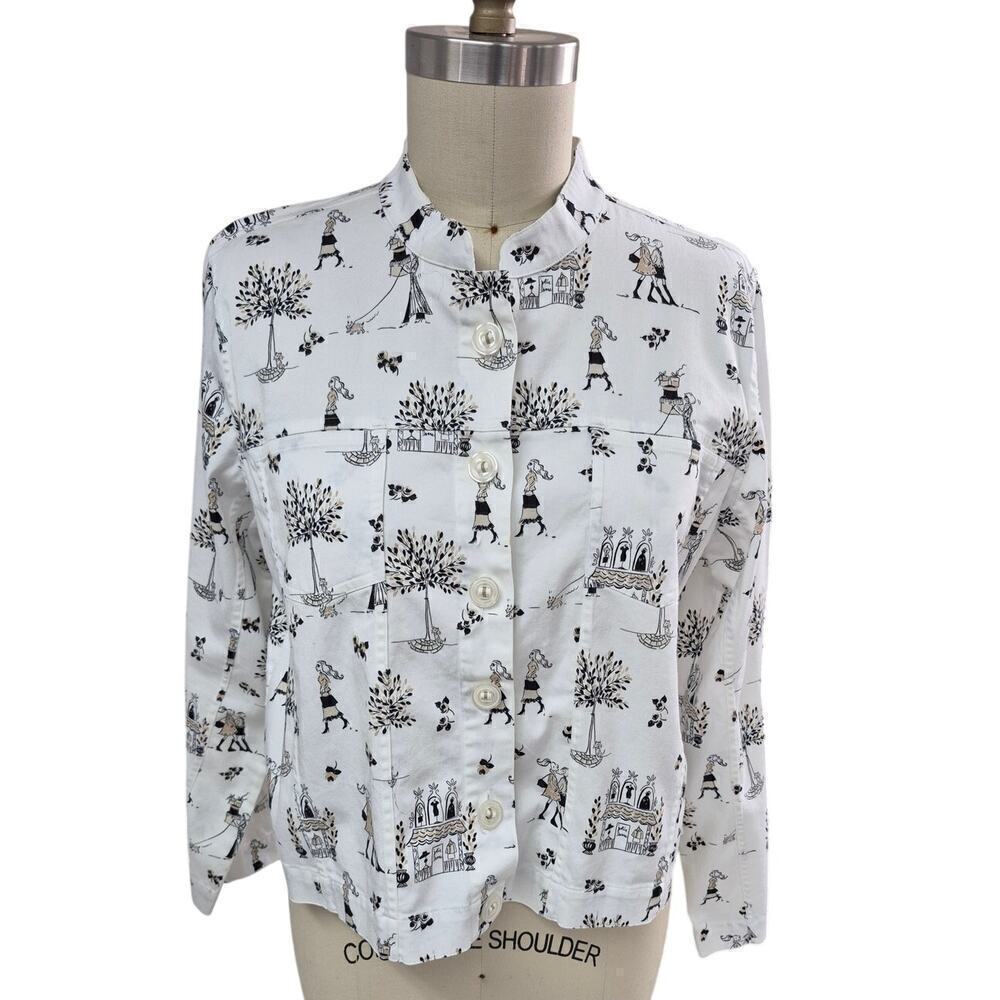 2005 Vtg Christopher & Banks Cotton Stretch Shirt Jacket Shopping Themed Toile L